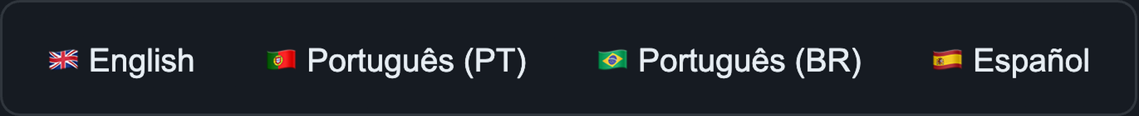 Language selector showing English, Portugues (PT), Portugues (BR) and Espanol options