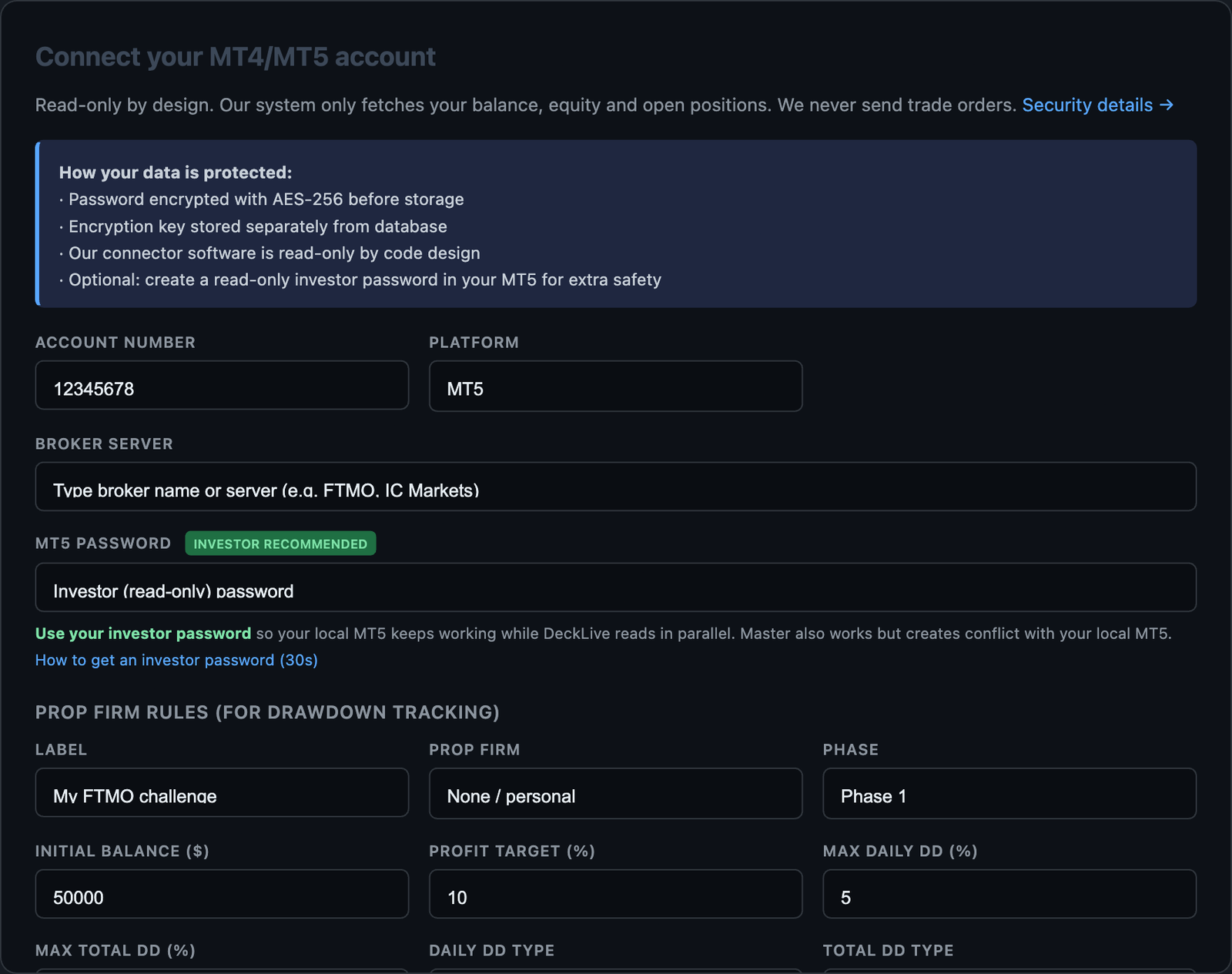 Security details panel: AES-256, key separation, read-only connector, investor password support